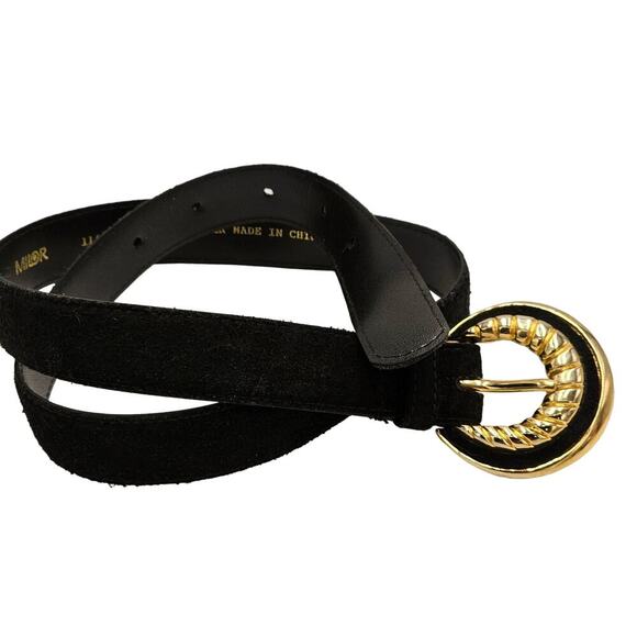 Milor Black Leather Belt Womens Small 80's Vintage Round Buckle Gold Statement - Picture 1 of 9